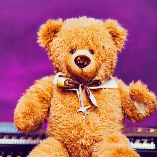 Image similar to a photograph of a teddybear, he is holding a guitar, vivid color, 50mm, depth of field