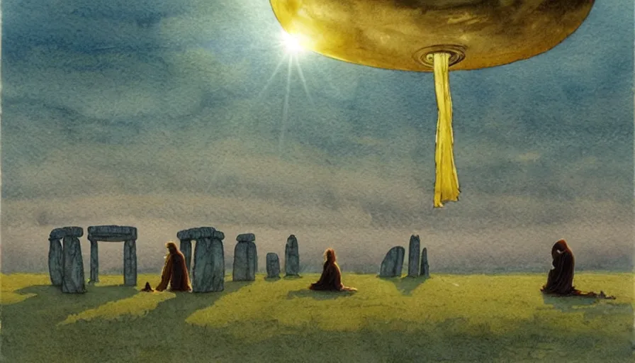 Prompt: a realistic and atmospheric watercolour fantasy concept art of a shiny metallic ufo floating above a large stonehenge. medieval monk in grey robes on his knees praying. a crescent moon in the sky. muted colors. by rebecca guay, michael kaluta, charles vess and jean moebius giraud