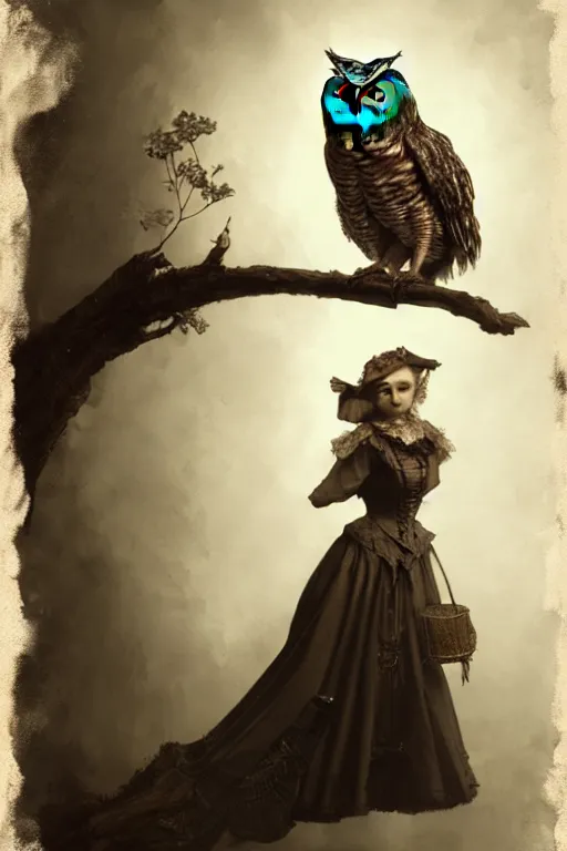 Image similar to wet plate photograph of an anthropomorphic owl dressed in victorian - era clothing, dramatic lighting, highly detailed, digital painting, artstation, concept art, smooth, sharp focus, illustration, art by wlop, mars ravelo and greg rutkowski