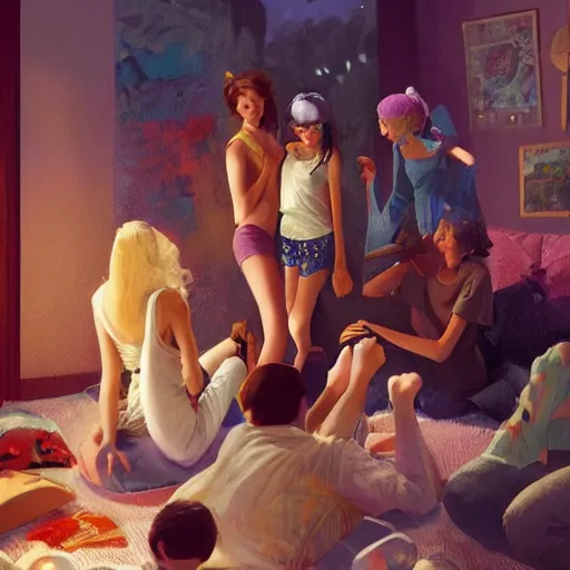 Prompt: teenagers friends making a pajama party, artwork by Craig Mullins,Movie poster, detailed, trending on artstation