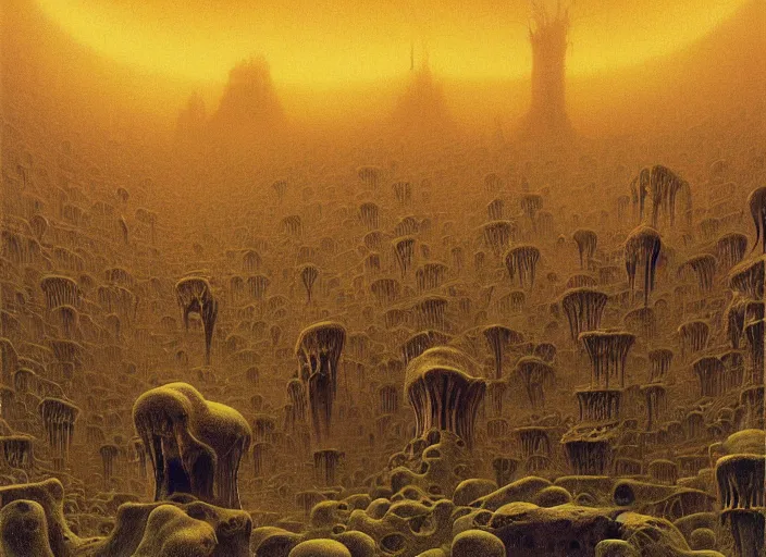 Prompt: painting of town of eldritch entities beyond human comprehension, Zdzislaw Beksinski, Lewis Jones, Wayne Barlowe, street view, gothic, lovecraftian, cosmic horror, grotesque, warm hue's