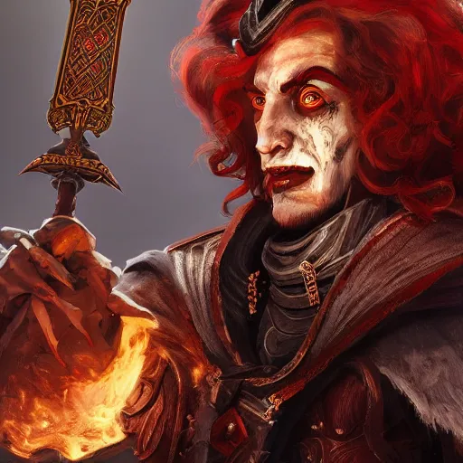 Image similar to an oil art portrait of young handsome pale roma, grim dark jester from gwent cards, gipsy blood mage with great sword character design from inquisition, 4 k, ultra detail, volumetric lighting, unreal engine, octane render, [ tarot card ]!