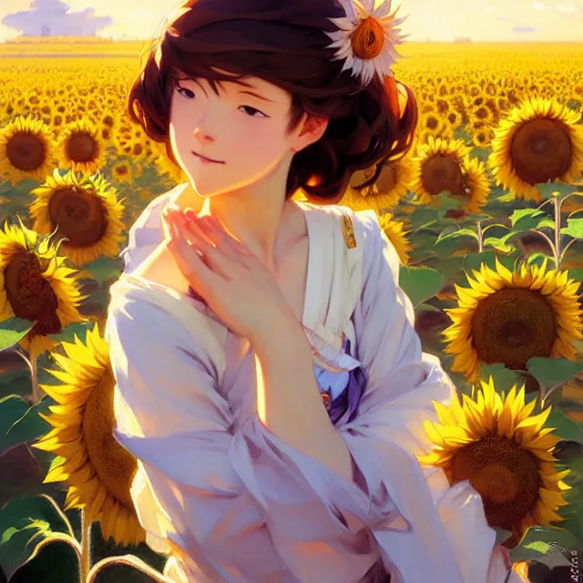 Image similar to beautiful sunflower anime girl, clouds, krenz cushart, mucha, ghibli, by joaquin sorolla rhads leyendecker, by ohara koson