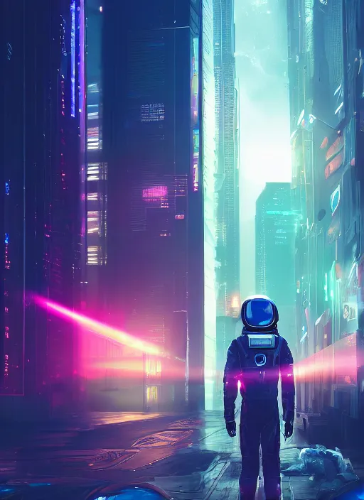 Image similar to An aesthetic Astronaut in a cyberpunk city during a sunset , extremely detailed digital painting, mystical colors, rim light, beautiful Lighting, 8k, stunning scene, raytracing