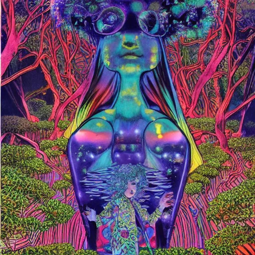 Image similar to A beautiful composition of a psychedelic glowing spirit animal psychonaut floating above a hedge maze, DMT, rich details full of texture, realistic eyes, artwork by Satoshi Kon and Yoshitaka Amano and Moebius