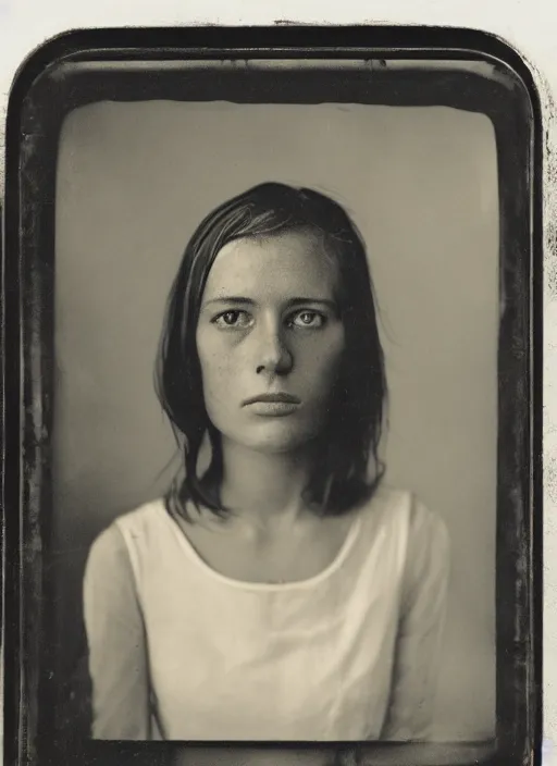 Prompt: portrait of a young women, photo realistic, elegant, award winning photograph, parallax, cinematic lighting, ambrotype wet plate collodion by richard avedon and dorothe lange and shane balkowitsch