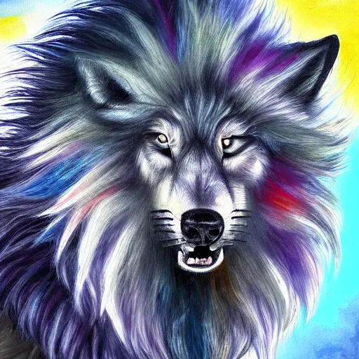 Image similar to profile view of cute fluffy wolf with long colorful flowing lion mane blowing in the wind with mohawk top hairstyle hybrid animal detailed painting 4 k