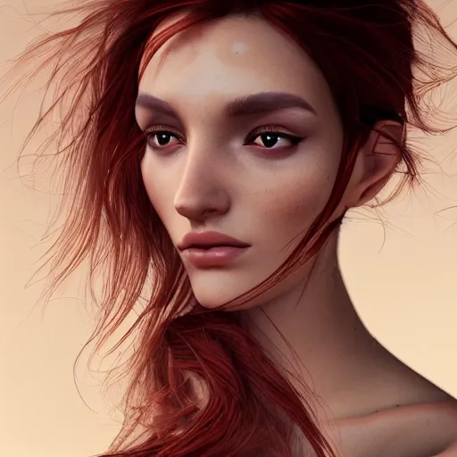 Image similar to Glamorous Runway Model, long fan blown dark reddish hair, tight bone structure, olive skin, intricate, elegant, highly detailed, hanging nose jewelry, octane render, photorealistic, smooth, depth of field blur, illustration, art by James Jean