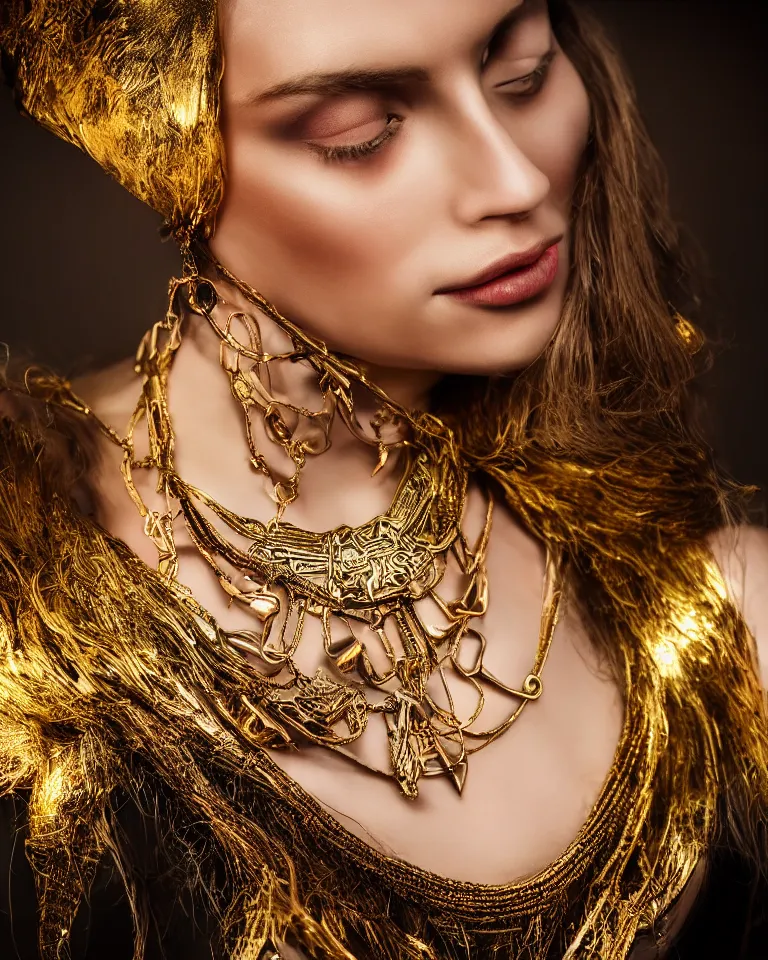 Prompt: realistic portrait of a beautiful model with a big neo tribal necklace in the neck, minimal design, made of gold, canon, photography, digital art