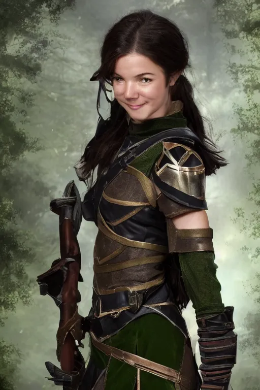 Prompt: fantasy character photo, live action. female ranger. danielle campbell. manic grin, yandere, obsessive hungry look. tall, lanky, athletic, wiry. brown & dark forestgreen leather armor. small tilted lightgreen feathered cap worn at jaunty angle. black hair in ponytail. bright blue eyes.