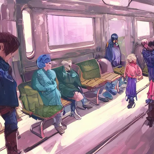 Image similar to fight between grandmas in the train moscow-ryazan, cyberpunk, neon, concept art