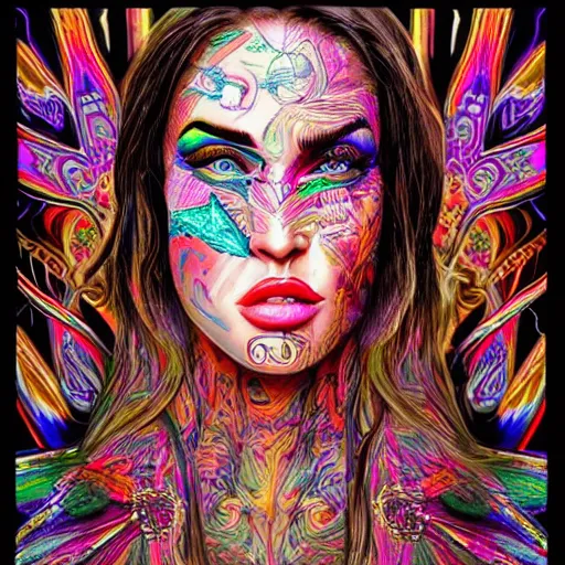 Image similar to an extremely psychedelic portrait of megan fox as mgk, surreal, lsd, face, detailed, intricate, elegant, lithe, highly detailed, digital oth, sharp focus, illustration,