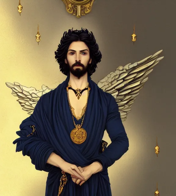 Prompt: portrait of a god of death, young male, in the underworld, elegant dark blue dress, very detailed, throne, very intricate details, jewelry, gold eyes, elaborate long black hairstyle, wings, cinematic, artstation, william bouguereau, rule of thirds, alphonse mucha, greg rutkowski, rossdraws, octane render