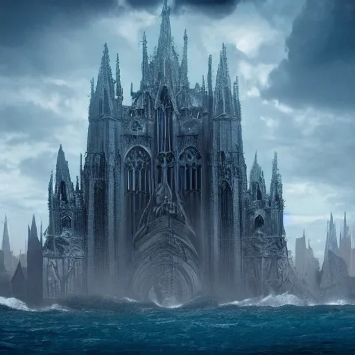 Prompt: monstrous cathedral kaiju rising from the depths of the ocean, water cascading down its sides