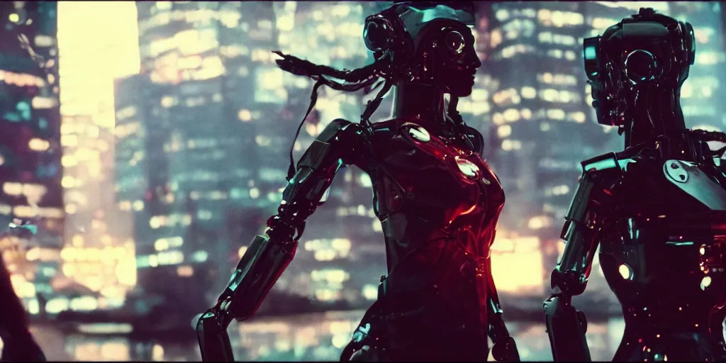 Image similar to Cyberpunk android chrome Robot fight movie escene, shot on imax, cinematic scene, CineStill 800T Film,