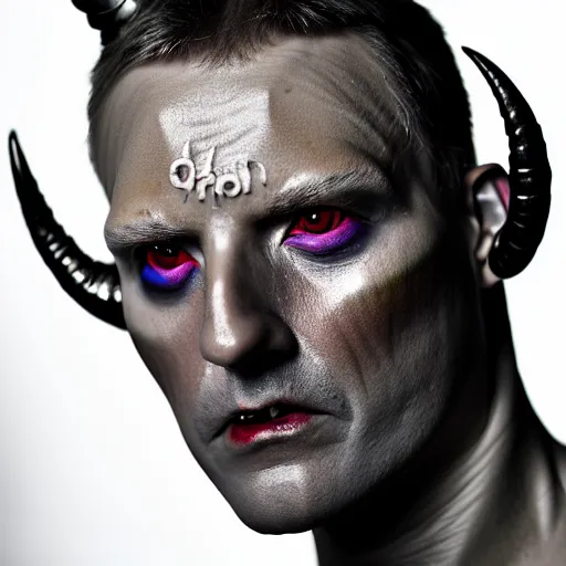 Image similar to photorealistic, iso - 4 0 0, canon eos 5 d mark iv, shot on 7 0 mm, portrait of male archangel bellringer with colloidal silver skin makeup, from lexx by lee jeffries and platon, flames halo ring over head, demonic, horns, fangs, nd 4, perfect studio lighting