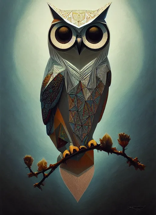 Image similar to portrait of a geometric owl, identical eyes, medium shot, illustration, full body made of white feathers, symmetrical, art stand, super detailed, cinematic lighting, and its detailed and intricate, gorgeous, by peter mohrbacher