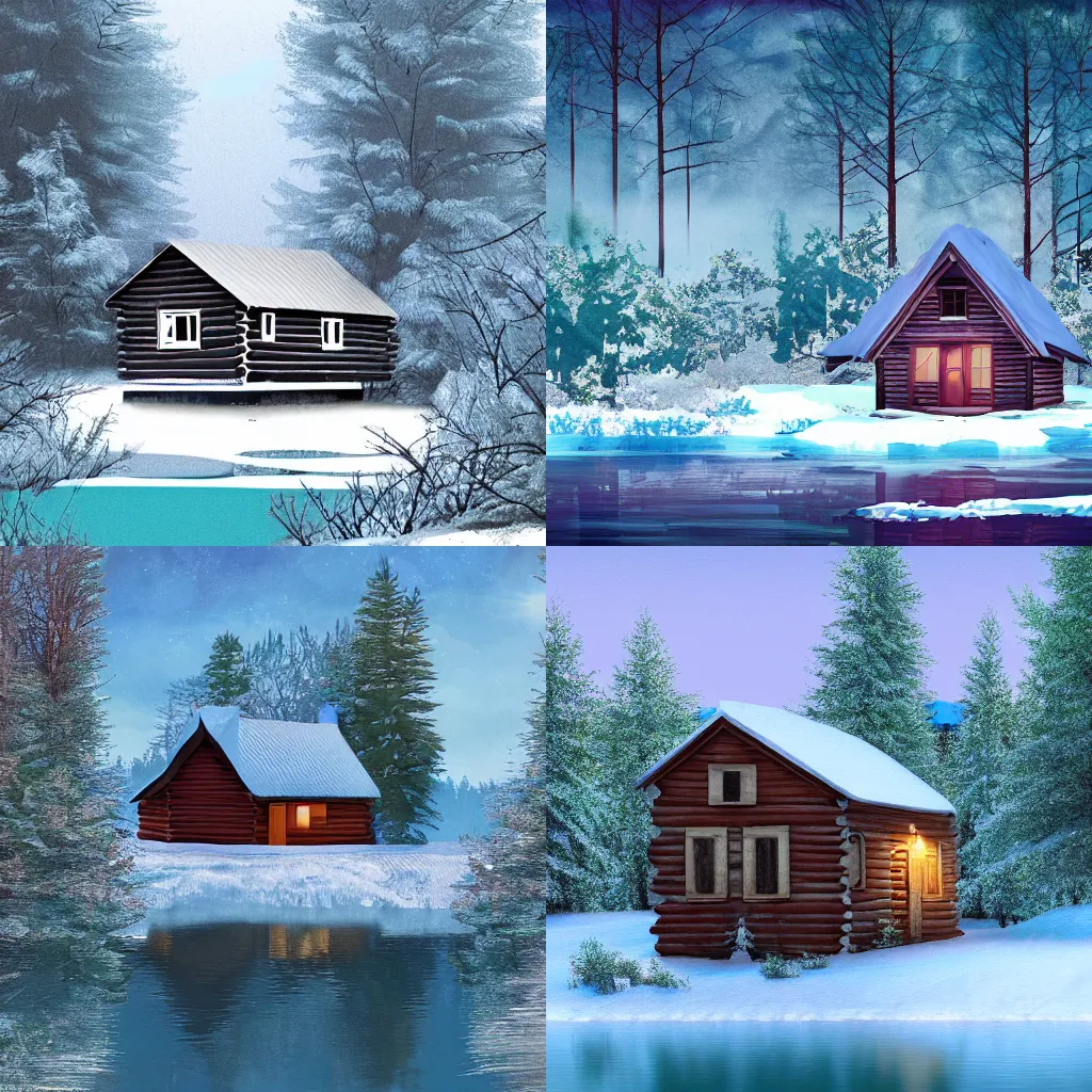 Prompt: Small cabin in the woods, next to an icy lake, digital art, illustration, high quality
