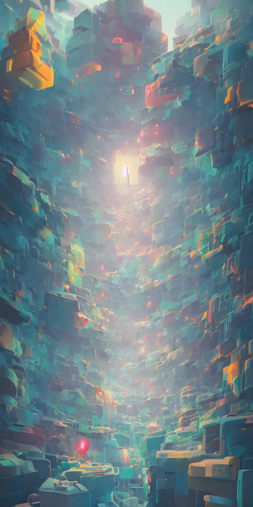 Image similar to highly detailed happy abstract geometric painting, stephen bliss, unreal engine, greg rutkowski, loish, rhads, beeple, makoto shinkai and lois van baarle, ilya kuvshinov, rossdraws, tom bagshaw, global illumination, detailed and intricate environment