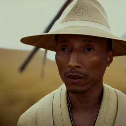 Image similar to cinematic film still Pharrell Williams starring as a Samurai holding fire, Japanese CGI, VFX, 2003, 40mm lens, shallow depth of field,film photography