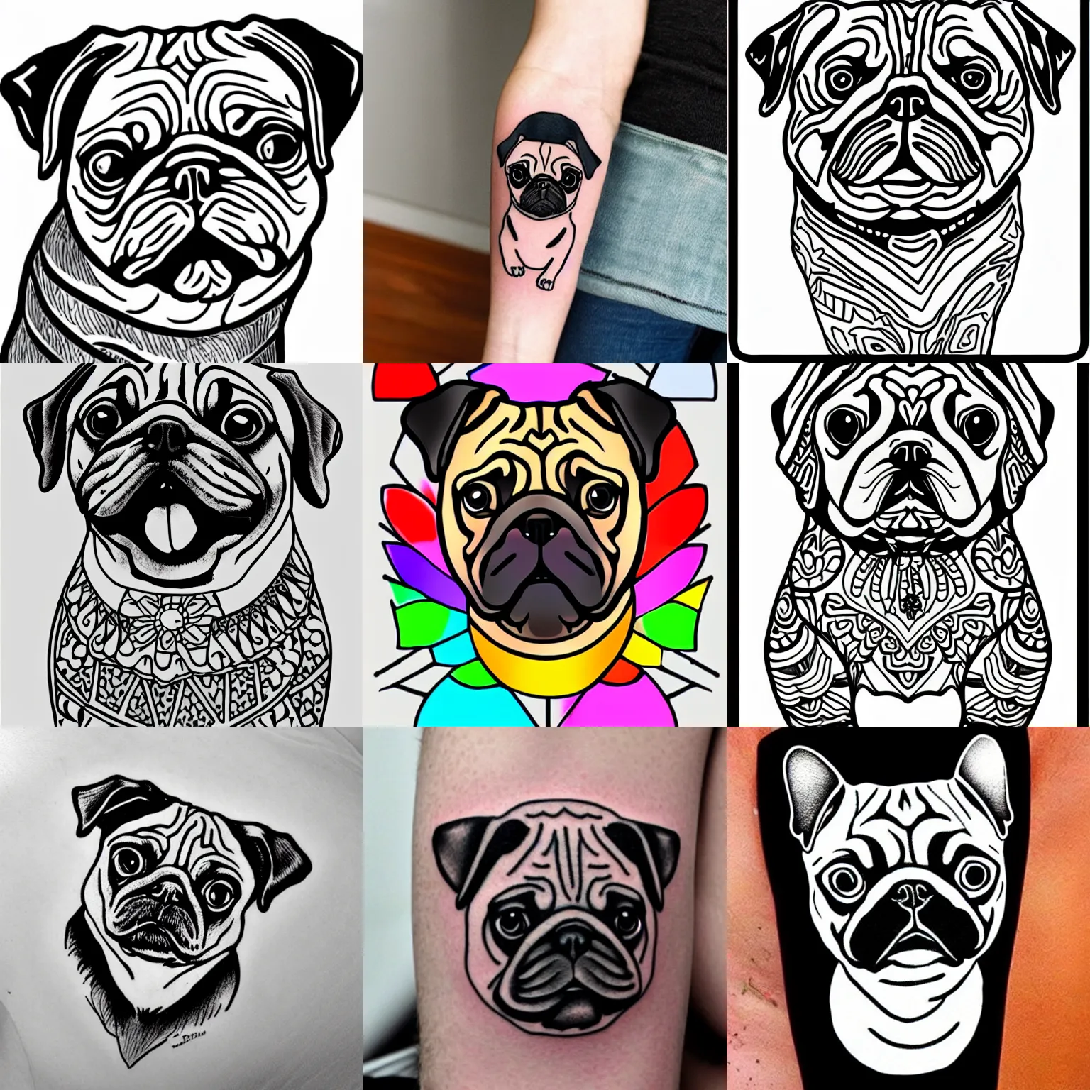Prompt: pug tattoo, temporary tattoo, coloring page