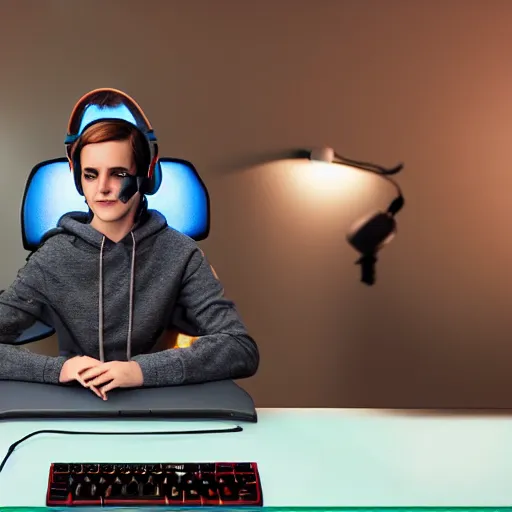 Prompt: emma watson rgb keyboard wearing a gaming headset wearing hoodie sitting on gaming chair dramatic lighting from monitor light from gaming monitor in gaming room holding gaming controller