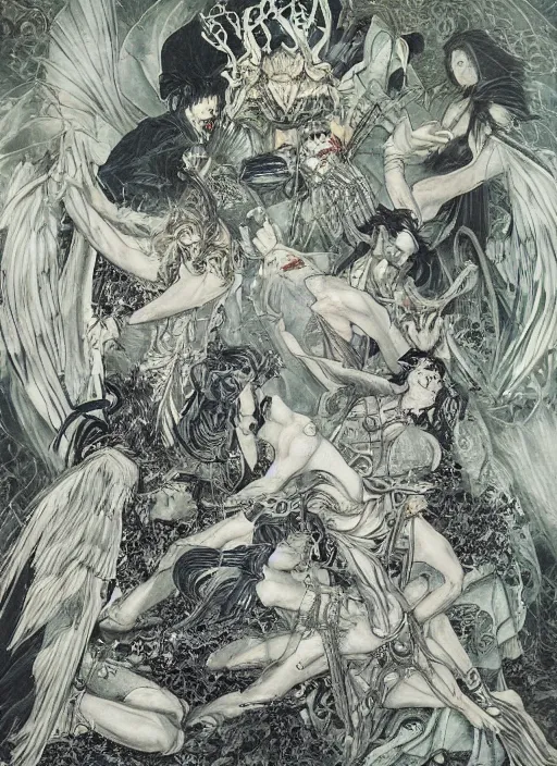 Image similar to battle between good and evil , battle between angels and demons, by and Austin Osman Spare and Takato Yamamoto and Yoshitaka Amano, high resolution, ultra detailed