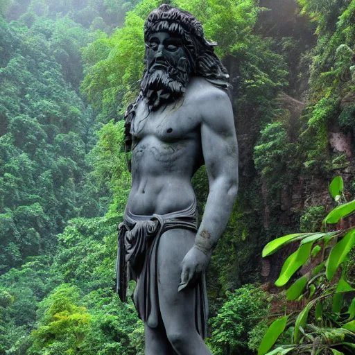 Prompt: cursed valley, ancient god statue, jungle