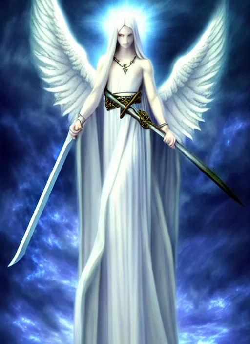 Prompt: a white angel holding a sword and a sword, digital art by artgem, Anne Stokes, deviantart, fantasy art, angelic photograph, wiccan, deviantart