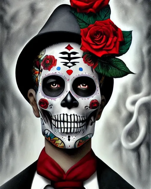 Image similar to dia de los muertos hombre theme surrealist art in the styles of igor morski, jim warren, and a tim burton film, intricate, hyperrealistic, accurate facial details, profile picture with chromakey!!!!! background, volumetric lighting