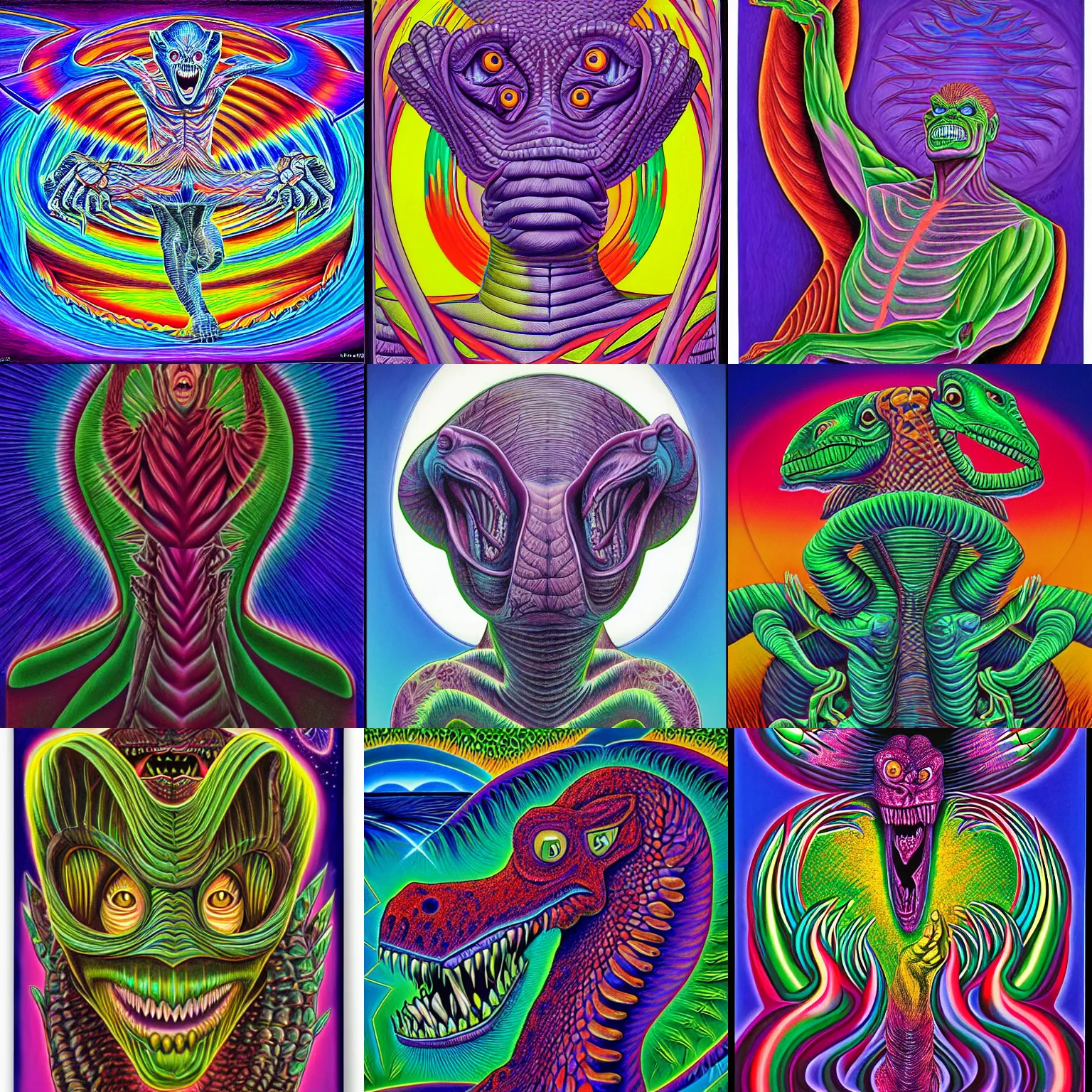 Prompt: barney the dinosaur by alex grey