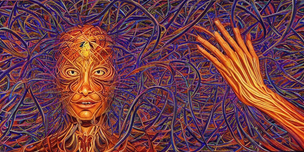 Prompt: could there be a realization of such magnitude that it quite literally blows one's mind?, center shock depicts such a moment of post - contemplative epiphany, volumetric lighting and shadows, concept art, biomechanical, realistic oil painting by alex grey