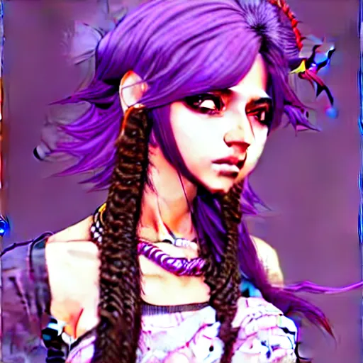 Prompt: character design of a punk rock desi college student, long wavy purple hair, indian girl with brown skin, tokyo fashion, detailed character art, girly, concept art, portrait, japanese streetwear, dramatic pose, shoujo character design, character art, femme, urban, vibrant, highly detailed, Akihiko Yoshida