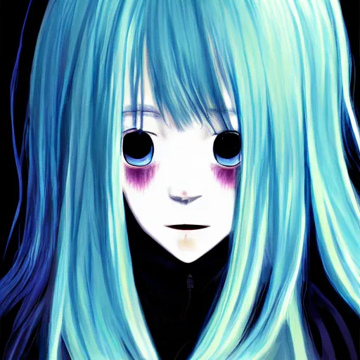 Prompt: full face shot of rimuru tempest, sky blue straight hair, long bangs, closed eyes, wearing a fancy black jacket, high collar, ultra detailed, brush strokes, digital painting, cinematic, wlop artstation, closeup, pixiv, eerie, scary, haunted, spooky, yoshitaka amano, junji ito,