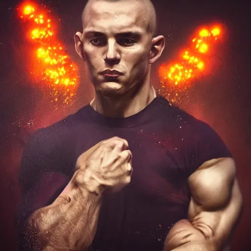 Image similar to portrait of muscular Wołodymyr Zełenski, explosions in the background, digital art, Trending on ArtStation, hyperrealistic,8k, cinematic,high quality,