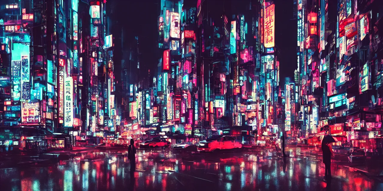 Prompt: a big futuristic cyberpunk city at night, tall buildings, a cat sitting under an umbrella, rain, japanese neon signs, cinematic lighting, hd 4k photo