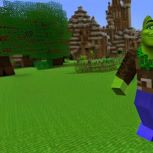 Prompt: a screenshot of shrek in minecraft