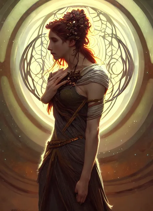 Image similar to a beautiful cinematic female druid goddess, galatic shamen with Quantum energy fantasy, fantasy magic, undercut hairstyle, dark light night, intricate, elegant, sharp focus, illustration, highly detailed, digital painting, concept art, matte, art by WLOP and Artgerm and Greg Rutkowski and Alphonse Mucha, masterpiece