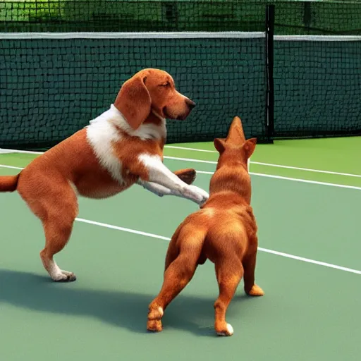 Prompt: dogs playing tennis at Wimbledon, funny photorealistic image