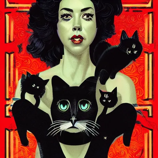 Prompt: Aubrey Plaza as a cat witch Album Art, Dramatic, Vibrant, by Sachin Teng + Karol Bak + Rolf Armstrong