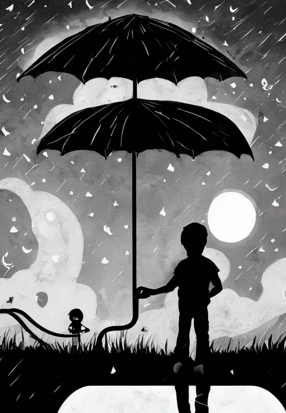 Image similar to little boy standing, holding umbrella in front of playground, at night, full moon, cute anime style, black and white artwork,