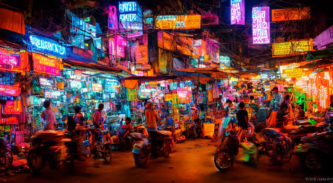 Image similar to Cyberpunk Market, futuristic Phnom-Penh Cambodia, neon lighting