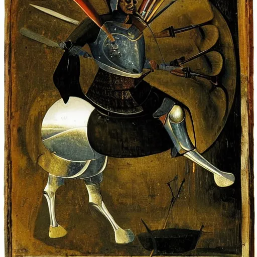 Prompt: maximus decimus with armor and sword fire effect by hieronymus bosch