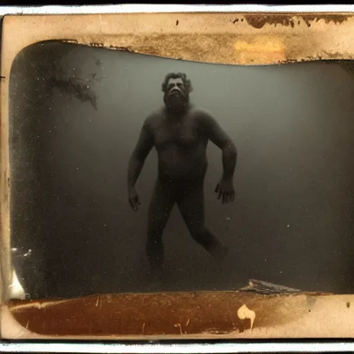 Image similar to tintype photo, bigfoot swimming underwater