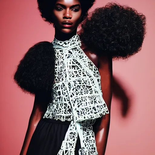 Image similar to black fashion model with afro, standing at black wall, official valentino editorial, highly detailed