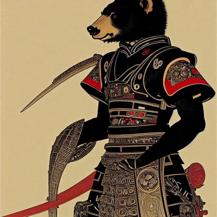 Prompt: anthropomorphic samurai asian black bear in space suit, fantasy, intricate, highly detailed, lifelike, photorealistic, digital painting, artstation, illustration, concept art, smooth, sharp focus, art by alphonse mucha and kitagawa utamaro and ogata korin and aya takano