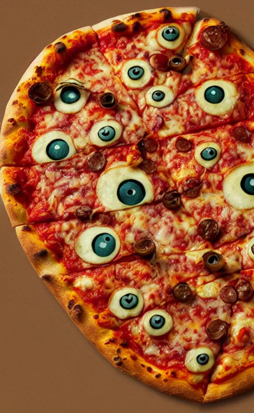 Prompt: photograph. pizza with eyes, photo, photorealistic, realistic, detailed, hyperrealistic, 4 k, 8 k, hdr, 1 6 k