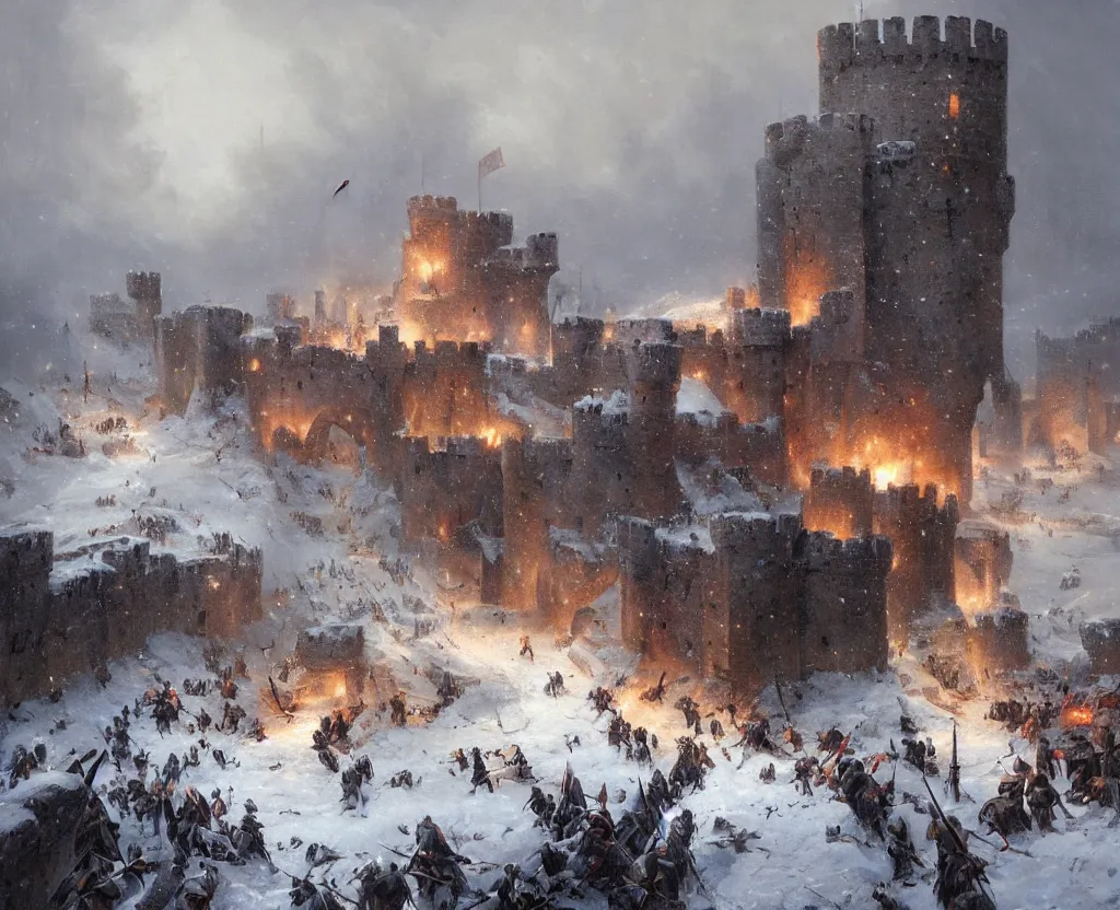 Image similar to Siege of a medieval castle in winter while two great armies face each other fighting below and catapults throw stones at the castle destroying its stone walls, heavy snow storm, fantasy, medieval, fire, explosions and grey smoke here and there, highly detailed, Artstation, oil on canvas painting by greg rutkowski