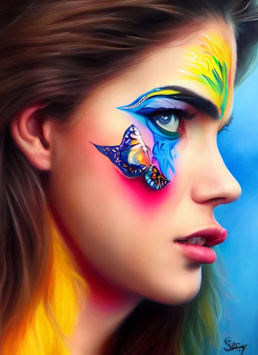 Prompt: full body photo of a gorgeous young woman in the style of stefan kostic, wild colorfully face painting, realistic, sharp focus, 8k high definition, insanely detailed, intricate, elegant, art by stanley lau and artgerm
