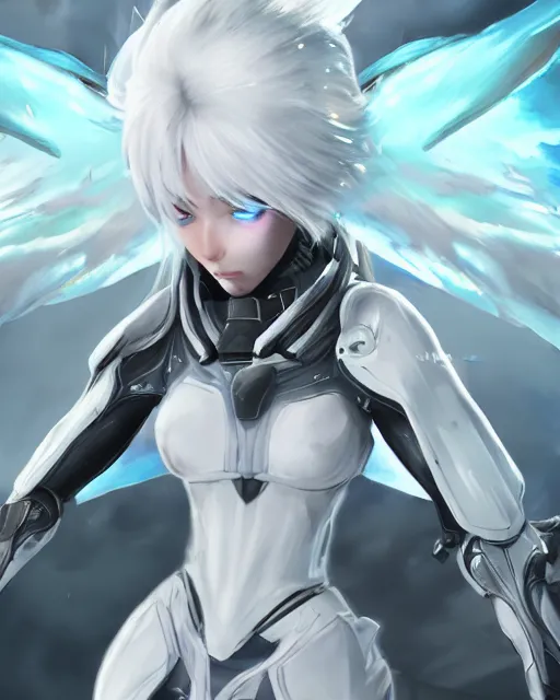 Image similar to perfect white haired girl, warframe armor, beautiful, dreamy, half asian, pretty face, blue eyes, detailed, windy weather, scifi, angel wings, utopian architecture, laboratory, 4 k, ultra realistic, epic lighting, cinematic, high detail, masterpiece, art by akihito tsukushi, akasuki voidstar